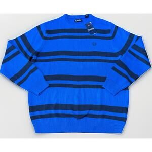 New CHAPS Sweater Men L Large Blue Navy Striped Cotton Long Sleeve Crew Neck